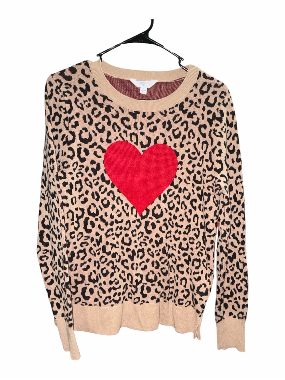 Time and Tru Beige Leopard Crewneck Sweater with Red Heart, Size Med